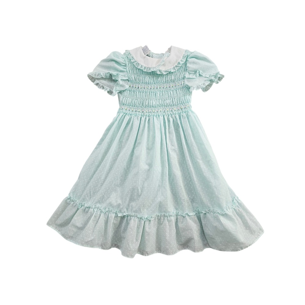 Y2K Polly Flinders Smocked Dress Girls 6X Mint Green Polka Dot Vintage Ruffle